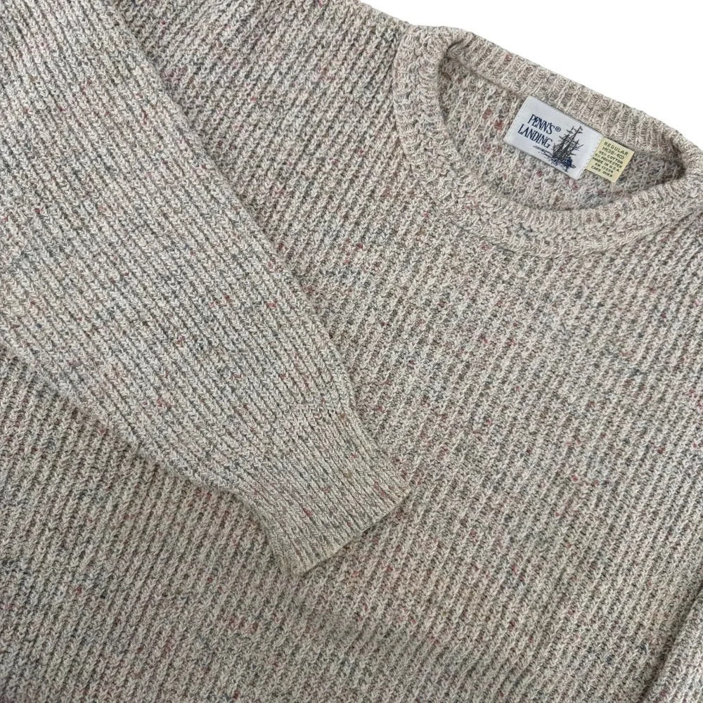 Vintage Penn's Landing Crewneck Sweater Mens M Oatmeal Speckled Ribbed Knit USA